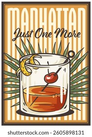 Manhattan cocktail glass on retro, vintage poster with whiskey, strawberry, palm trees in background for design of surfing, tiki or beach bar menu. Alcohol cocktail for drink party, summer vibes
