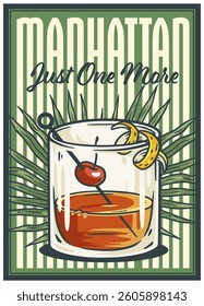 Manhattan cocktail glass on retro, vintage poster with whiskey, strawberry, palm trees in background for design of surfing, tiki or beach bar menu. Alcohol cocktail for drink party, summer vibes