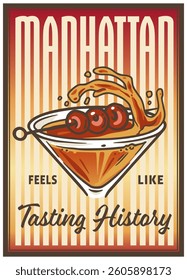 Manhattan cocktail glass on retro, vintage poster with whiskey, strawberry, palm trees in background for design of surfing, tiki or beach bar menu. Alcohol cocktail for drink party, summer vibes