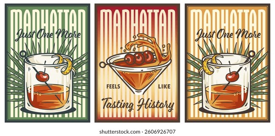 Manhattan cocktail glass on retro, vintage poster with whiskey, strawberry, palm trees in background for design of surfing, tiki or beach bar menu. Alcohol cocktail set for drink party, summer vibes