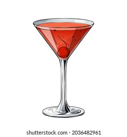 Manhattan cocktail, hand drawn alcohol drink with cherry. Vector illustration on white background