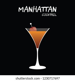 Manhattan Cocktail Illustration in vector with cherry on square black background.