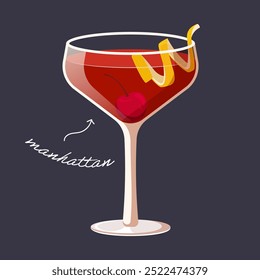 Manhattan cocktail isolated on black background. Vector illustration of classical alcohol drink garnished with cherry and lemon peel