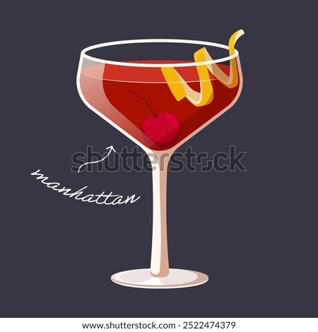 Manhattan cocktail isolated on black background. Vector illustration of classical alcohol drink garnished with cherry and lemon peel