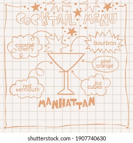 Manhattan. Cocktail menu. Alcoholic cold drinks. Recipe. Lettering, arrows, dialog clouds. Stars and dots, blots. Gray checkered background. Isolated vector objects. Cartoon glass. 