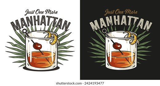 Manhattan cocktail, old fashioned with whiskey, vermouth and cherry for design of bar menu. Alcohol cocktail for drink party or tee print.