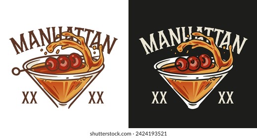 Manhattan cocktail, old fashioned with whiskey, vermouth and cherry for design of bar menu. Alcohol cocktail for drink party or tee print.
