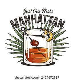 Manhattan cocktail, old fashioned with whiskey, vermouth and cherry for design of bar menu. Alcohol cocktail for drink party or tee print.