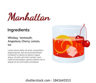 Manhattan cocktail with place for ingredients and recipe isolated on a white background. Cocktail card template. 