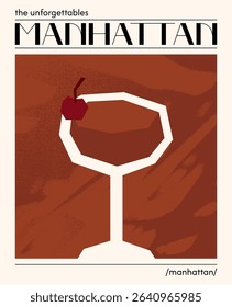 Manhattan cocktail. Vector illustration of classic alcoholic drink with whiskey. Poster with elegant cocktail garnished with cherry. Contemporary poster for bar, restaurants and menu.