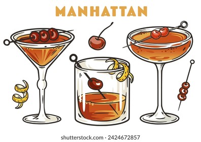 Manhattan cocktail vector set with whiskey, vermouth and cherry for design of bar menu. Alcohol cocktail collection with old fashioned for drink party or tee print.