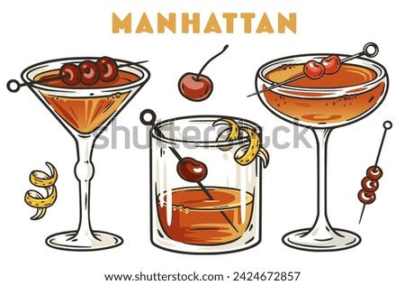 Manhattan cocktail vector set with whiskey, vermouth and cherry for design of bar menu. Alcohol cocktail collection with old fashioned for drink party or tee print.