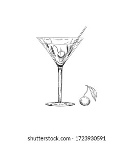 Manhattan cocktail, vector sketch hand drawn illustration, fresh summer alcoholic drink with cherry