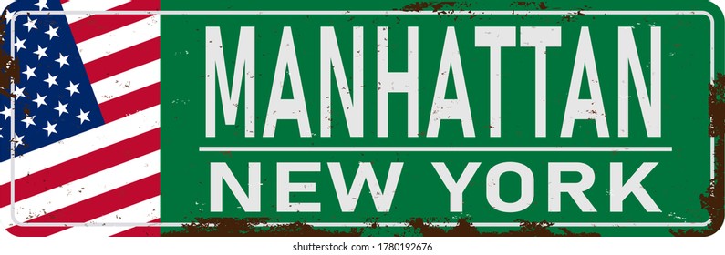 Manhattan green road sign isolated on white background.