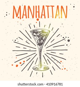 Manhattan. Hand drawn vector illustration. Freehand drink card for cafe, restaurant or bar. Can be used for menu, background, poster, banner, badge, emblem, sticker, placard and other design.