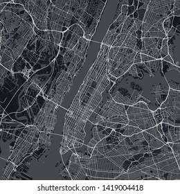 Manhattan map. Dark map of Manhattan borough (New York, United States). Highly detailed map of Manhattan with water objects, roads, railways, etc.