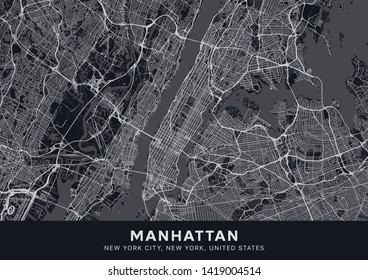 Manhattan map. Dark poster with map of Manhattan borough (New York, United States). Highly detailed map of Manhattan with water objects, roads, railways, etc. Printable poster.