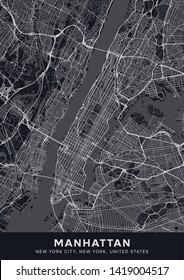 Manhattan map. Dark poster with map of Manhattan borough (New York, United States). Highly detailed map of Manhattan with water objects, roads, railways, etc. Printable poster.