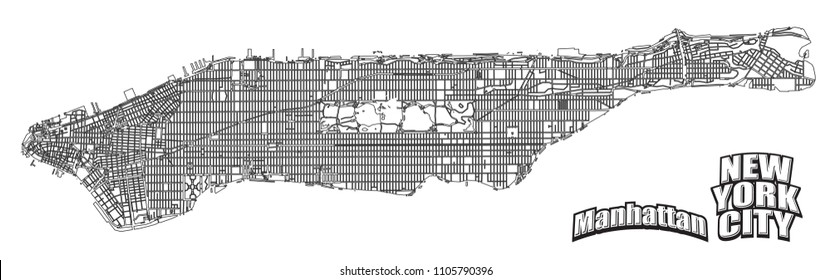 Manhattan Karte horizontal ausgerichtet. Sehr detaillierte Version ohne Brücken und Namen. Das Logo von NYC und Manhattan wurde separat in Vektorversion gruppiert.