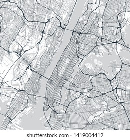 Manhattan map. Light map of Manhattan borough (New York, United States). Highly detailed map of Manhattan with water objects, roads, railways, etc.