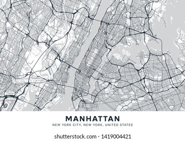 Manhattan map. Light poster with map of Manhattan borough (New York, United States). Highly detailed map of Manhattan with water objects, roads, railways, etc. Printable poster.