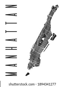 Manhattan map poster. New York city borough street map. Cityscape aria panorama silhouette aerial view, typography style. Hudson, East, Harlem, Marble Hill, Times Square, Central Park, Chinatown.