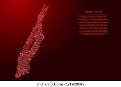 Manhattan-Karte von roten Linien von Autostraßen unterschiedlicher Dicke und leuchtenden Sternen auf dunklem Hintergrund. Vektorgrafik. 