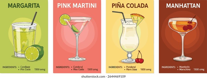 Manhattan, Margarita, Pink Martini, Pina Colada cocktails with garnish. Watercolor poster illustration with recipe