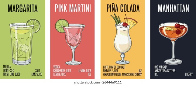 Manhattan, Margarita, Pink Martini, Pina Colada cocktails with garnish. Watercolor poster illustration with recipe