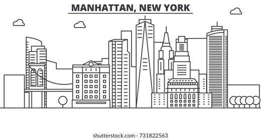 Manhattan, New York architecture line skyline illustration. Linear vector cityscape with famous landmarks, city sights, design icons. Landscape wtih editable strokes