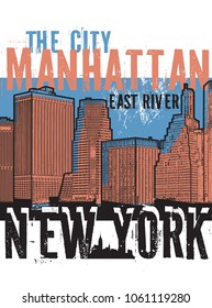 Manhattan, New York city, silhouette illustration in flat design, t-shirt print design or poster, vector illustration
