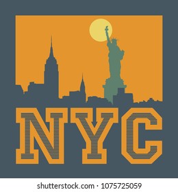 Manhattan, New York city, silhouette illustration in flat design, t-shirt print design or poster, vector illustration