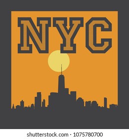 Manhattan, New York city, silhouette illustration in flat design, t-shirt print design or poster, vector illustration