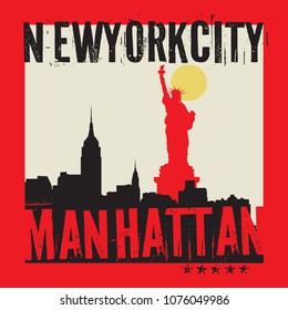 Manhattan, New York city, silhouette illustration in flat design, t-shirt print design or poster, vector illustration