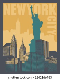 Manhattan, New York city, silhouette illustration in flat design, t-shirt print design or poster, vector illustration