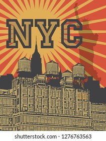 Manhattan, New York city, silhouette illustration in flat design, t-shirt print design or poster, vector illustration