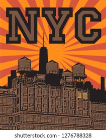 Manhattan, New York city, silhouette illustration in flat design, t-shirt print design or poster, vector illustration
