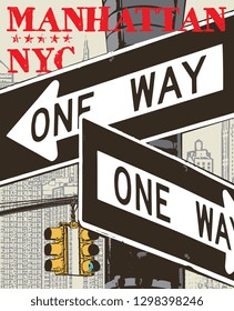 Manhattan, New York city, silhouette illustration in flat design, t-shirt print design or poster, vector illustration