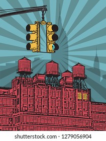 Manhattan, New York city, Street lights, silhouette illustration in flat design, t-shirt print design or poster, vector illustration