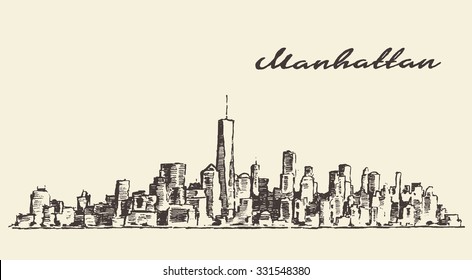 Manhattan New York United States of America, engraved vector illustration, hand drawn, sketch