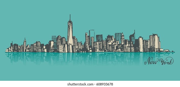 Manhattan New York United States of America, engraved vector illustration, hand drawn, sketch