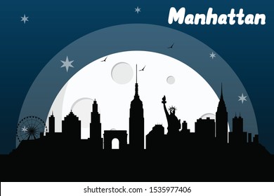 Manhattan New York USA skyline silhouette vector design  on a full moon night