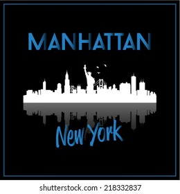 Manhattan, New York, USA skyline silhouette vector design on black background.