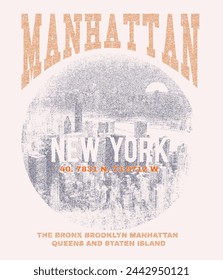 Manhattan New York Vintage City Print für Grunge Effekte t=Shirt Print Design, New York City College Typografie Grafiken, Vektor-Illustration