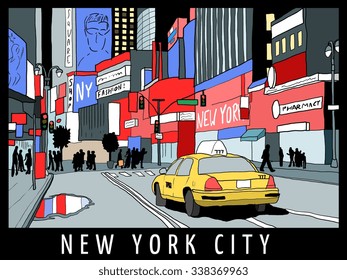 Manhattan night lights - city life in New York. Times Square taxi cab.