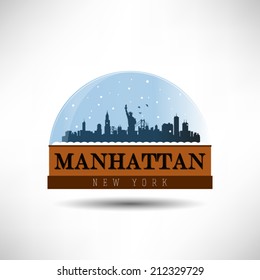 Manhattan, NY, United States of America city skyline silhouette in snow globe. Vector design.