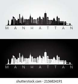 Manhattan, NYC skyline and landmarks silhouette, black and white design, vector illustration.