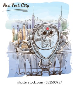 Manhattan panorama as seen from top of the observation deck of a skyscraper. Watercolor imitating painted sketch. EPS10 vector illustration.