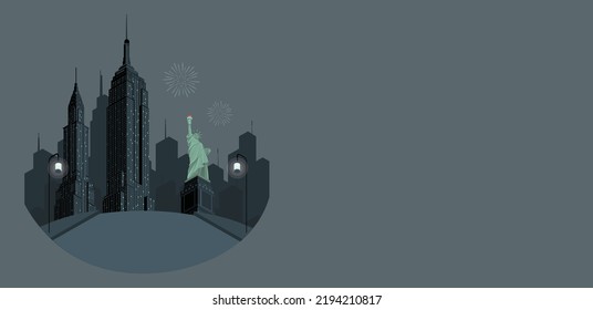 Manhattan panoramic skyline at night. Statue of Liberty with Manhattan background. New York City, USA. vector illustration