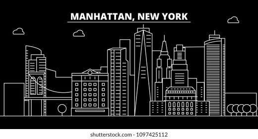 Manhattan silhouette skyline. USA - Manhattan vector city, american linear architecture, buildings. Manhattan travel illustration, outline landmarks. USA flat icon, american line banner